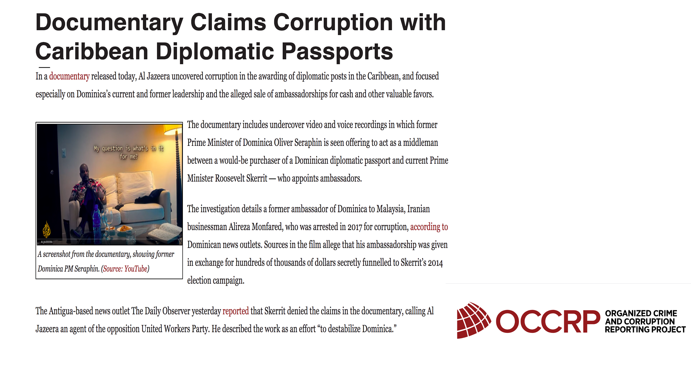 OCCRP: Documentary Claims Corruption with Caribbean Diplomatic Passports
