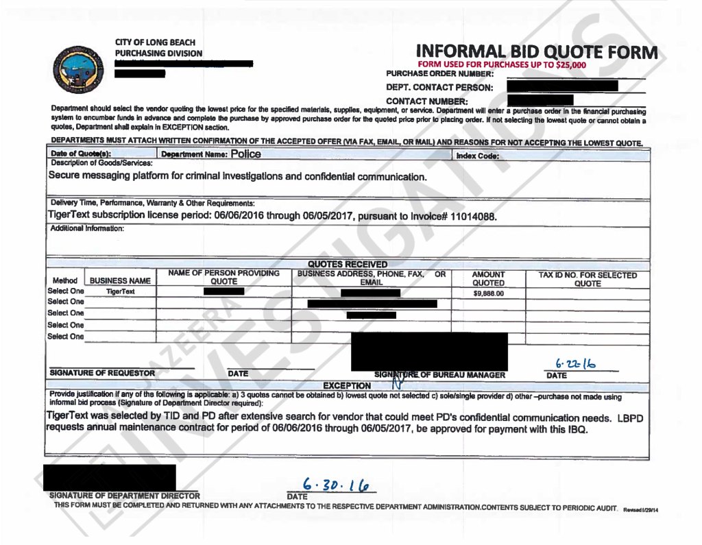 An invoice from 2016 shows the city of Long Beach spends around $10,000 USD each year for the text messaging platform.