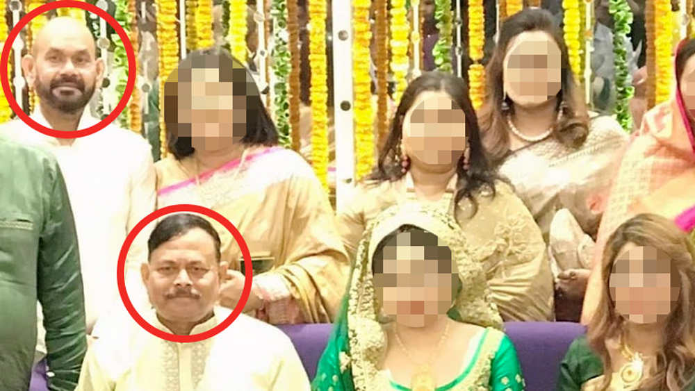 Haris Ahmed, top, wanted by Bangladesh police, shown with General Aziz Ahmed, bottom, at the Dhaka wedding for General Aziz' son in 2019. [Al Jazeera]