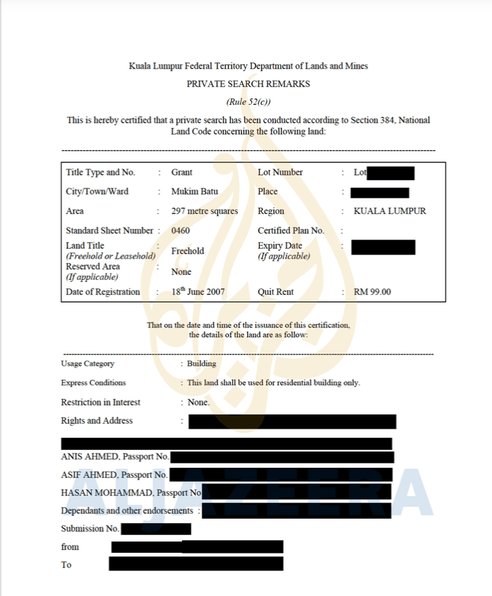 Deed showing Anis and Haris – under the fake name Mohammad Hasan – bought a plot in Malaysia [Al Jazeera]