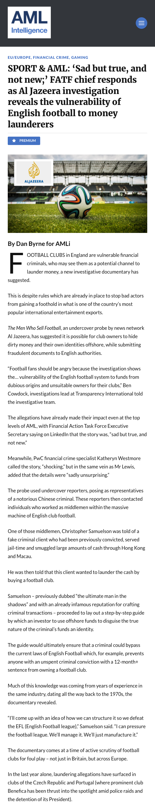 Al Jazeera investigation reveals the vulnerability of English football to money launderers