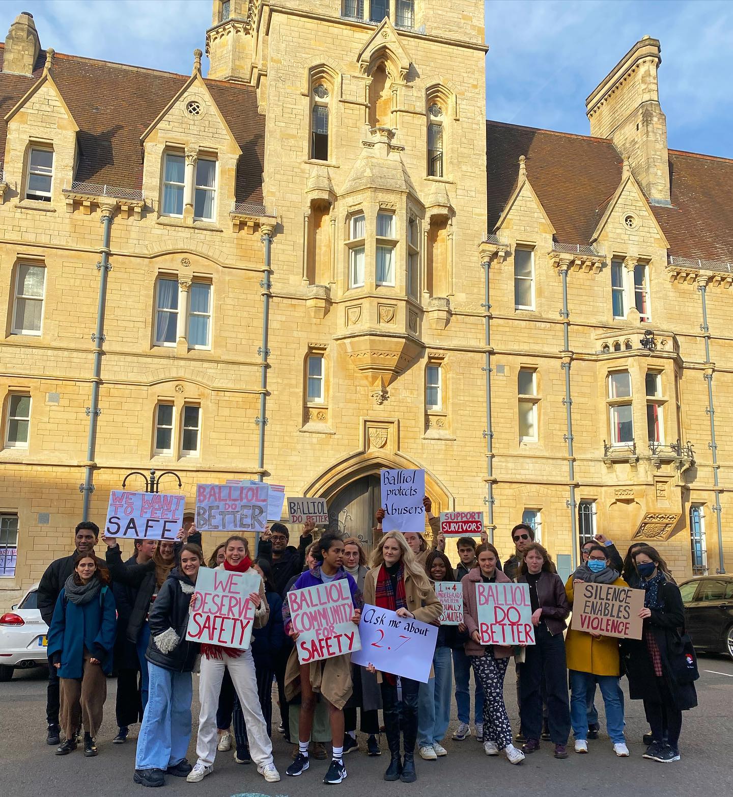 Protest outside Balliol College, Oxford.