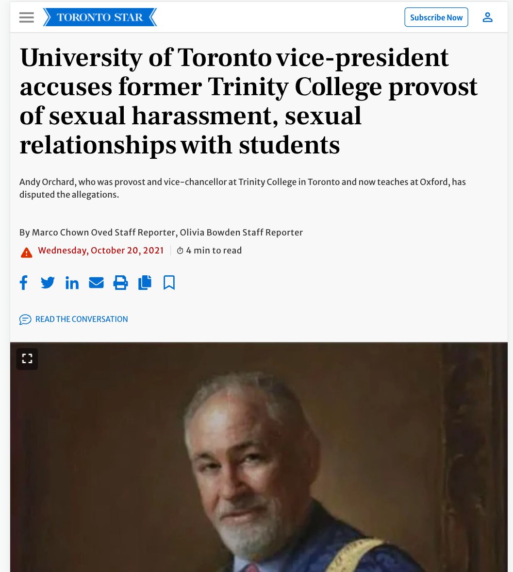 University of Toronto vice-president accuses former Trinity College provost of sexual harassment, sexual relationships with students